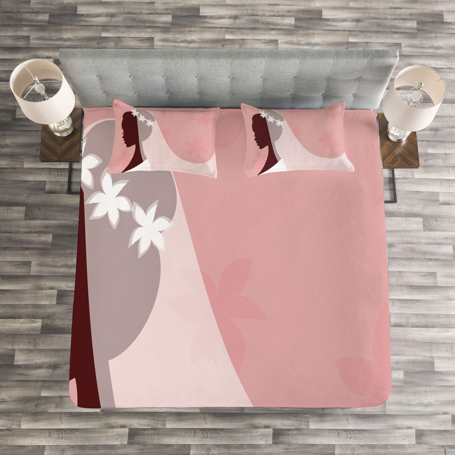 Ambesonne 3-Piece Bridal Shower Bedding Set - Queen Size Pale Pink & White Wedding Dress Bedspread with Veil Design, Includes Coverlet & 2 Pillow Shams - Perfect for Bridal Showers, Honeymoon Suites & Wedding Gift Ideas
