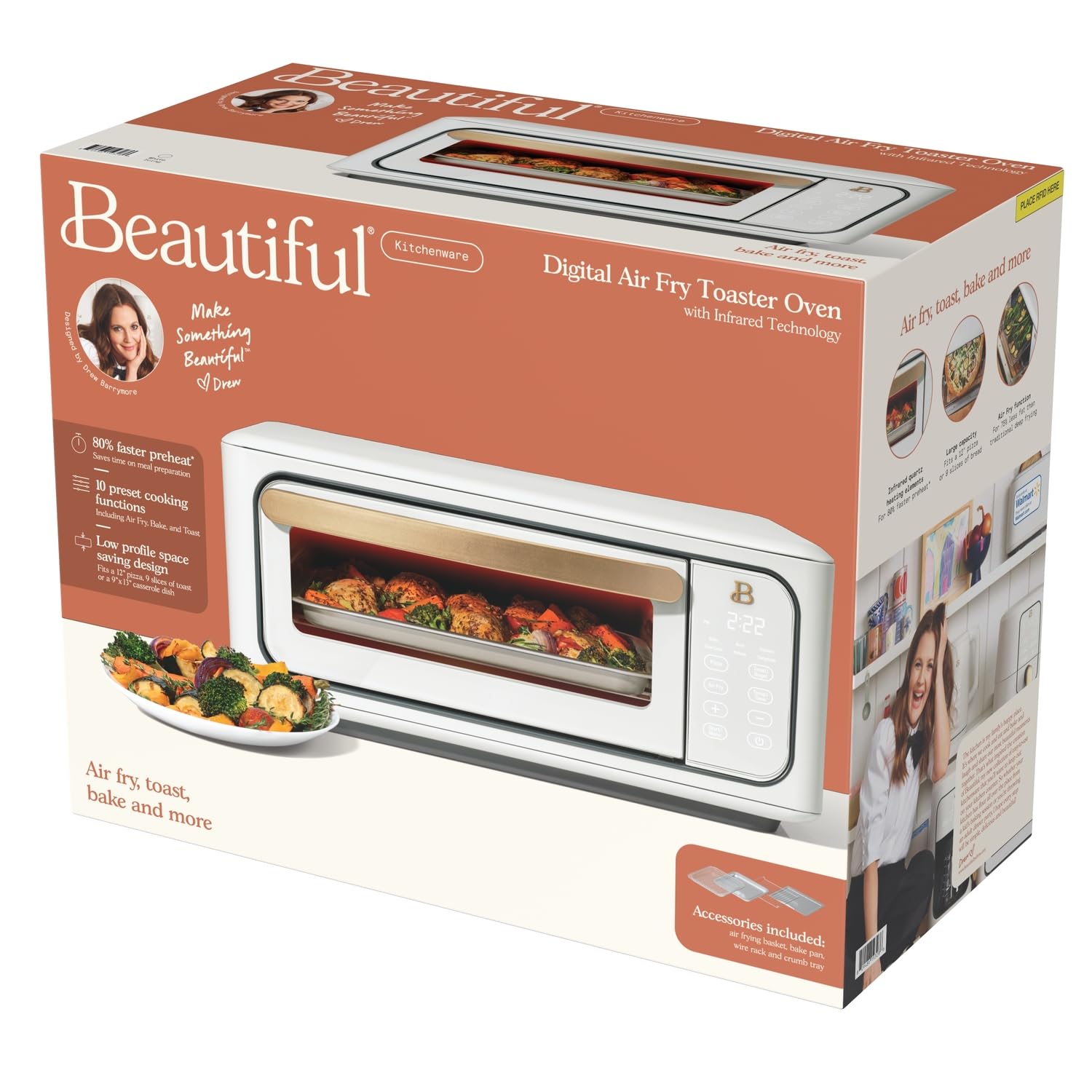 1800W Air Fry Toaster Oven with 9-Slice Capacity - White Icing by Drew Barrymore | Perfect for Baking, Roasting & Air Frying | Ideal for Small Kitchens & Quick Meals