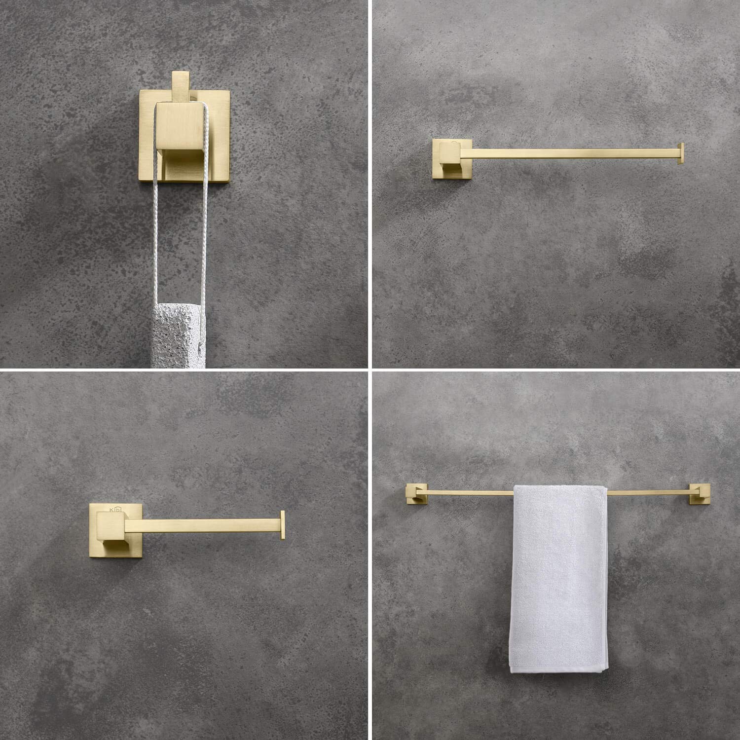KIBI Cube 4-Piece Bathroom Hardware Set - Solid Brass Towel Bar, Towel Ring, Toilet Paper Holder & Robe Hooks | Brushed Gold Finish | Durable & Stylish for Modern Bathrooms | Perfect for Home, Hotel & Spa Decor (C-KBA15-4)