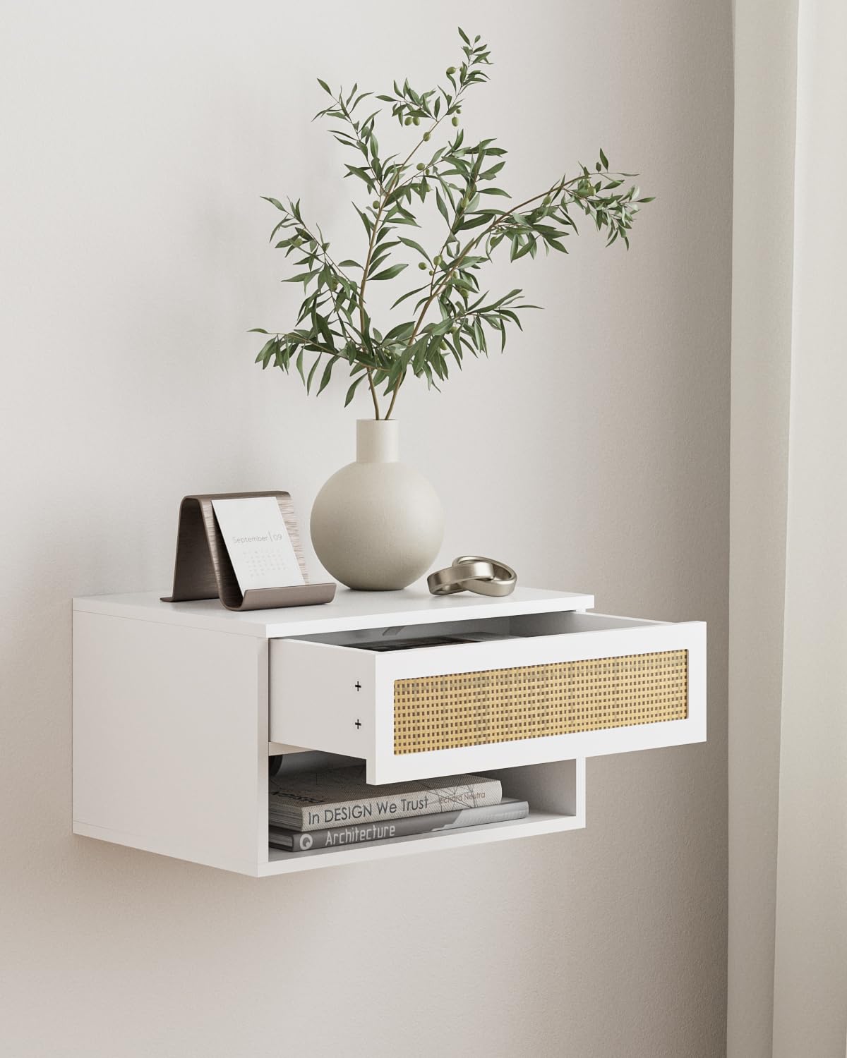 Modern White Rattan Nightstand with Drawer & Floating Shelves - Small Bedside Table for Bedroom, Bathroom, Living Room | Perfect for Storage & Home Decor