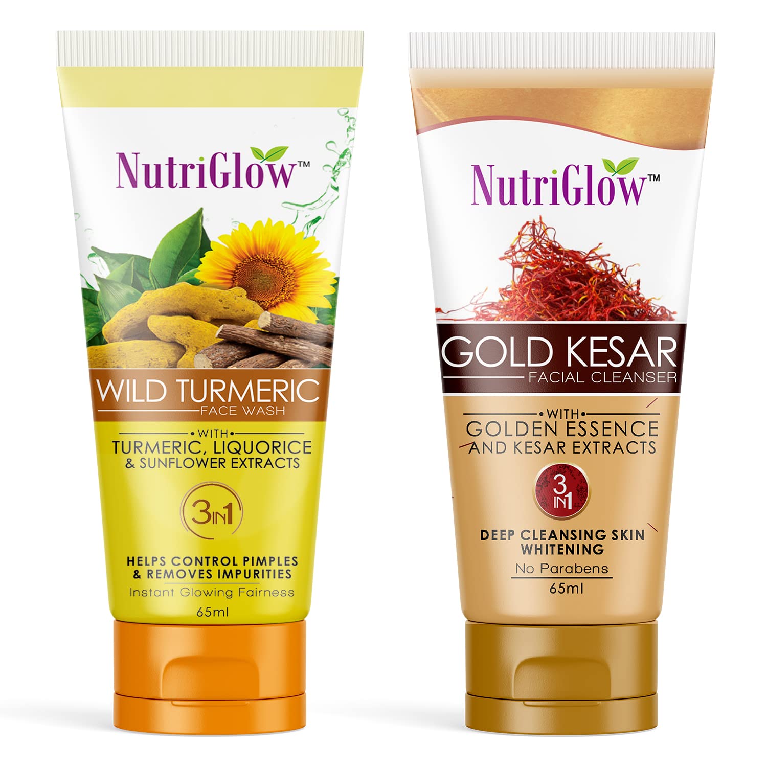 NutriGlow Gold Kesar & Wild Turmeric Face Wash - Deep Cleansing for Acne-Free, Wrinkle Reduction & Glowing Skin (65ml x 2) - Perfect for Daily Skincare Routine & Travel