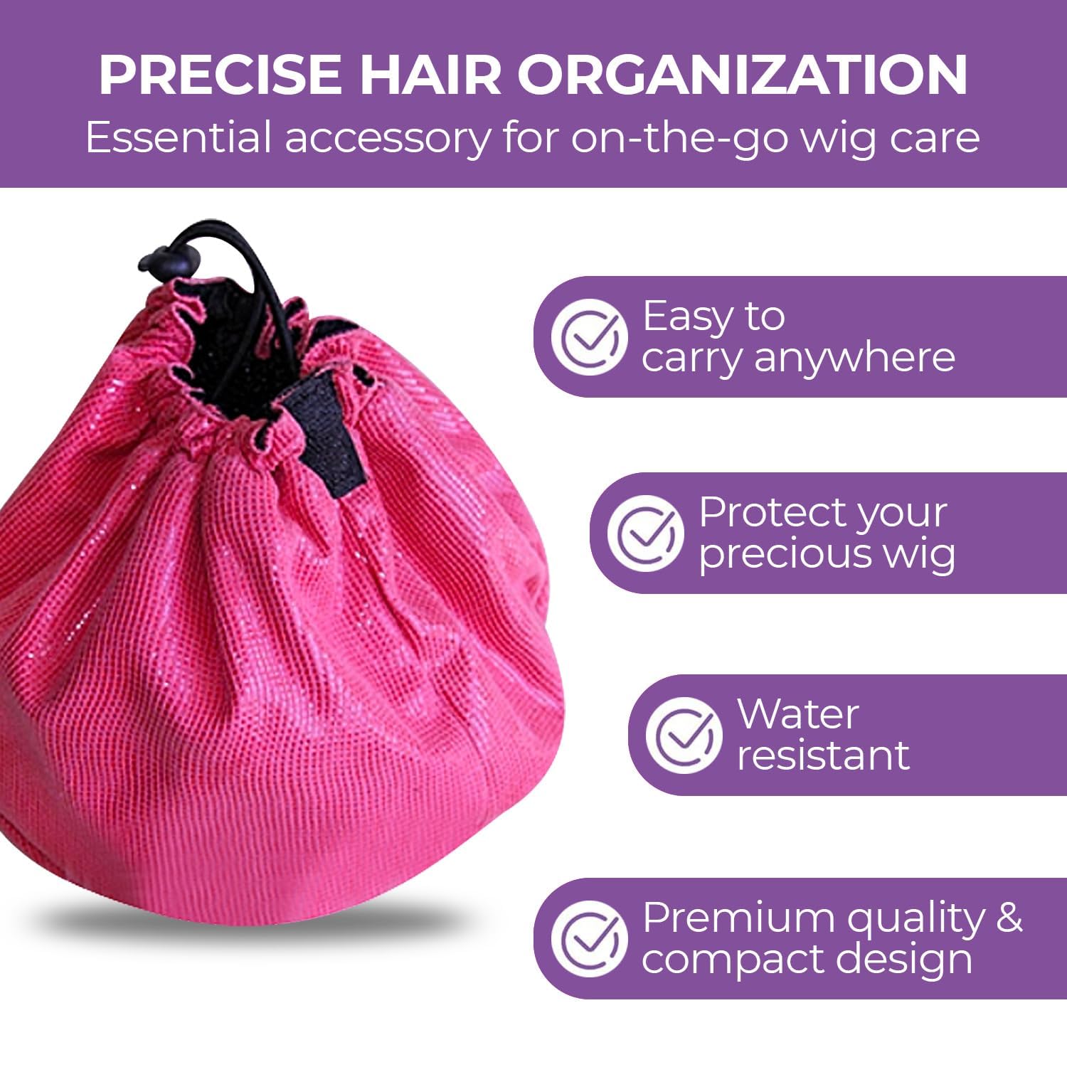 ResQ Mini Wig Bag - Drawstring Storage for Wigs & Extensions - Travel & Organizer (Pink) - Perfect for Salon & Travel