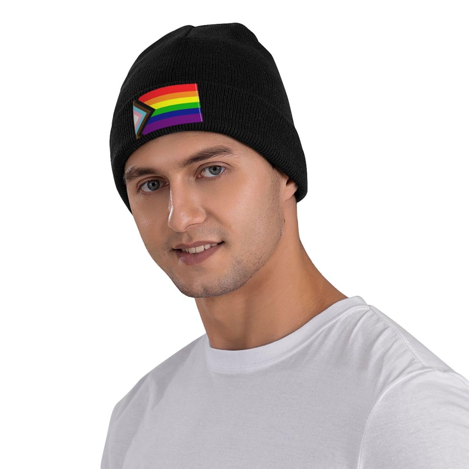 Progress Pride Rainbow LGBTQ+ Transgender Gay Beanie Hat - Unisex Knitted Skull Cap for Men & Women - Warm Slouchy Winter Hat for Pride Parades, Festivals & Everyday Wear
