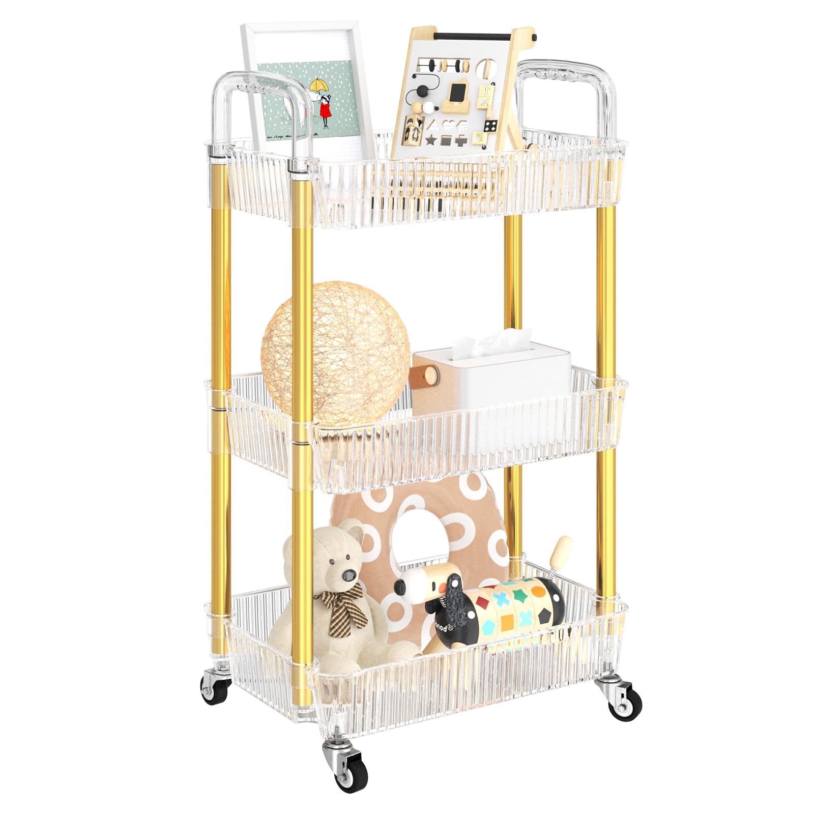 3-Tier Rolling Cart with Wheels - Sturdy Metal & PET Makeup Organizer, Snack Caddy for Kitchen, Bathroom, Office & Living Room - Golden Mobile Storage Cart for Beauty Products, Books & Home Essentials