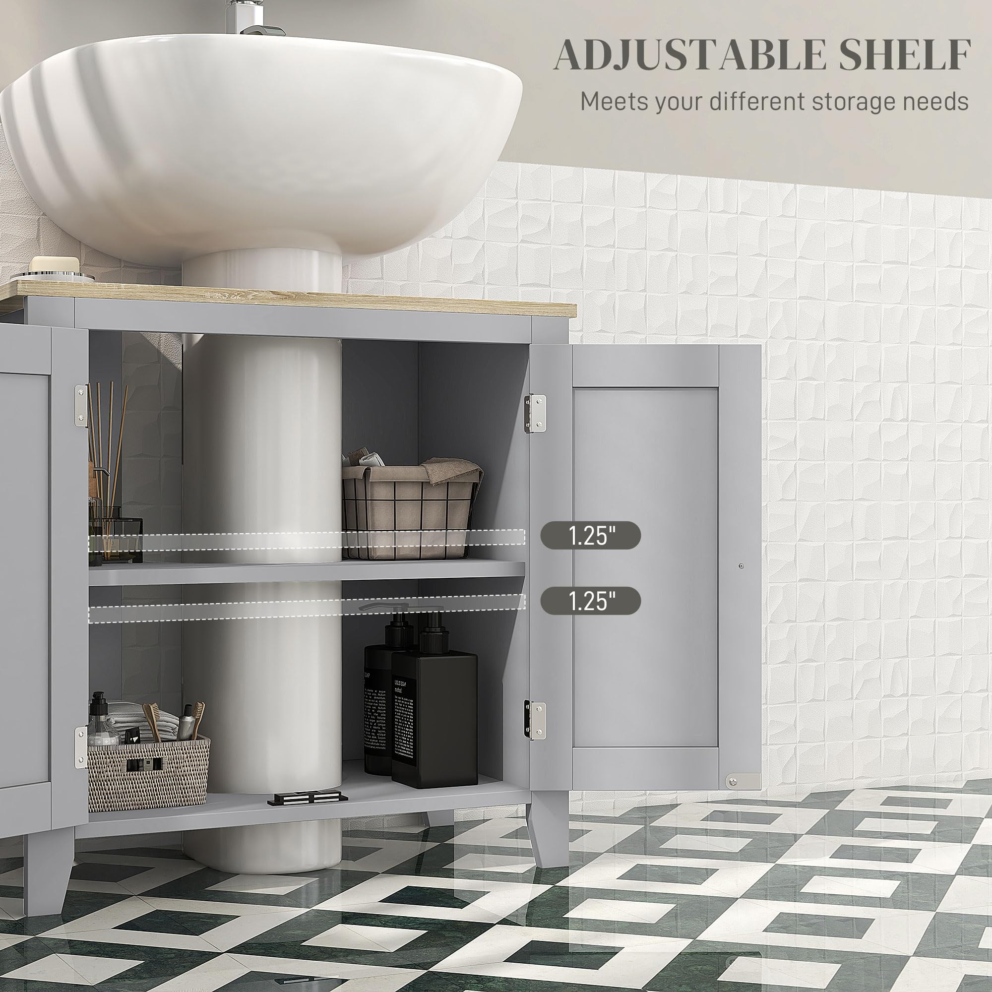 Kleankin Pedestal Sink Storage Cabinet - Under Sink Bathroom Vanity with Adjustable Shelf & U-Shape Design, Gray - Perfect for Small Bathrooms, Powder Rooms & Apartment Living