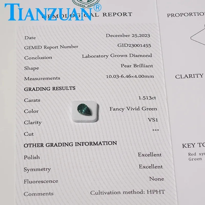 1.5CT Lab Grown Pear Cut Diamond - Vivid Green VS1 Clarity (GEMID Certified) | HPHT Loose Gemstone for Jewelry Making & Engagement Rings