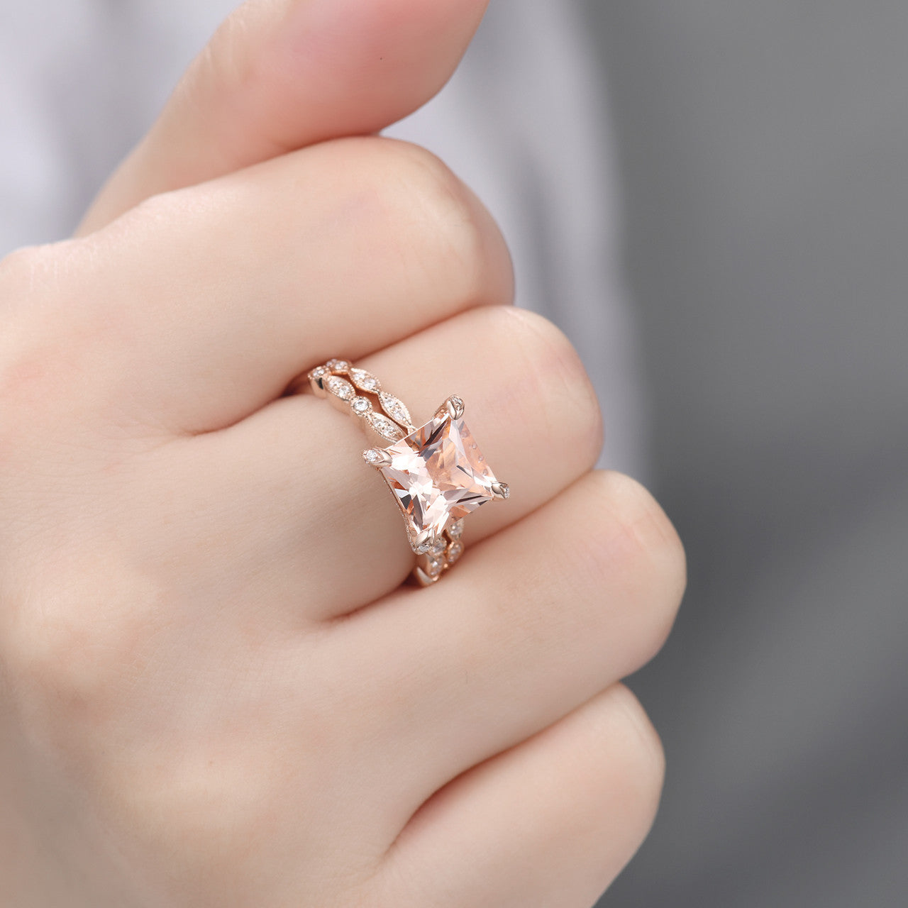 14K Rose Gold Princess Cut Morganite Hidden Diamond Halo Wedding Ring Set - Elegant Bridal Jewelry for Engagement, Proposal & Anniversary Gifts