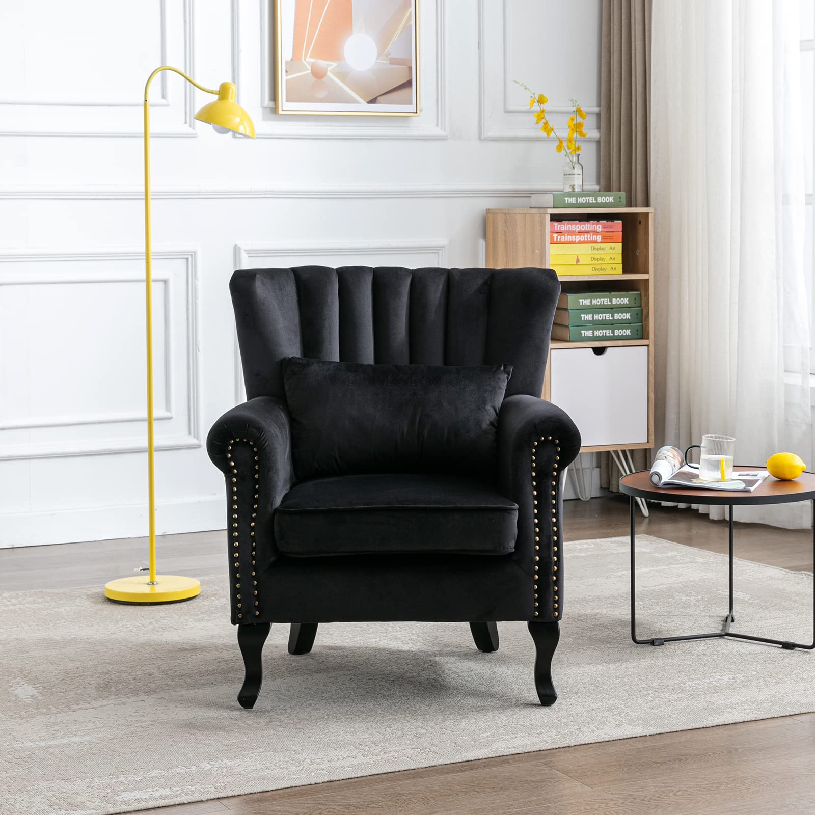 Mid Century Modern Accent Reading Arm Chair - Tufted Wingback Club Chair with Velvet Upholstery for Living Room, Bedroom & Reception Areas - Comfy Corner Sofa Chair for Relaxing, Reading & Waiting Rooms - Black