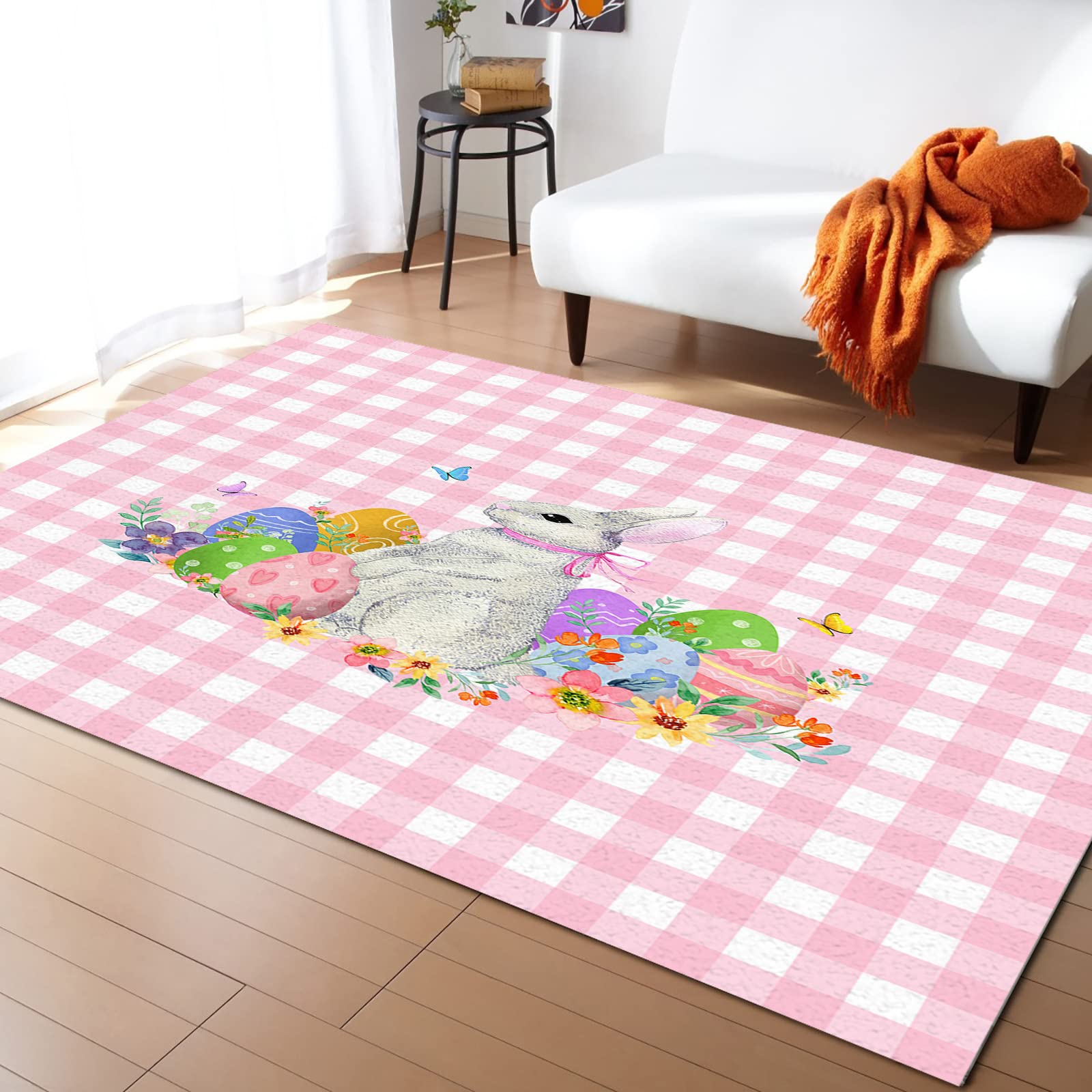 5x8 Washable Non-Shedding Area Rug - Easter Bunny Floral Pink Plaid Design for Living Room, Bedroom, Dining & Kids Room Decor | Watercolor Eggs Pattern Floor Mat for Home, Nursery & Playroom