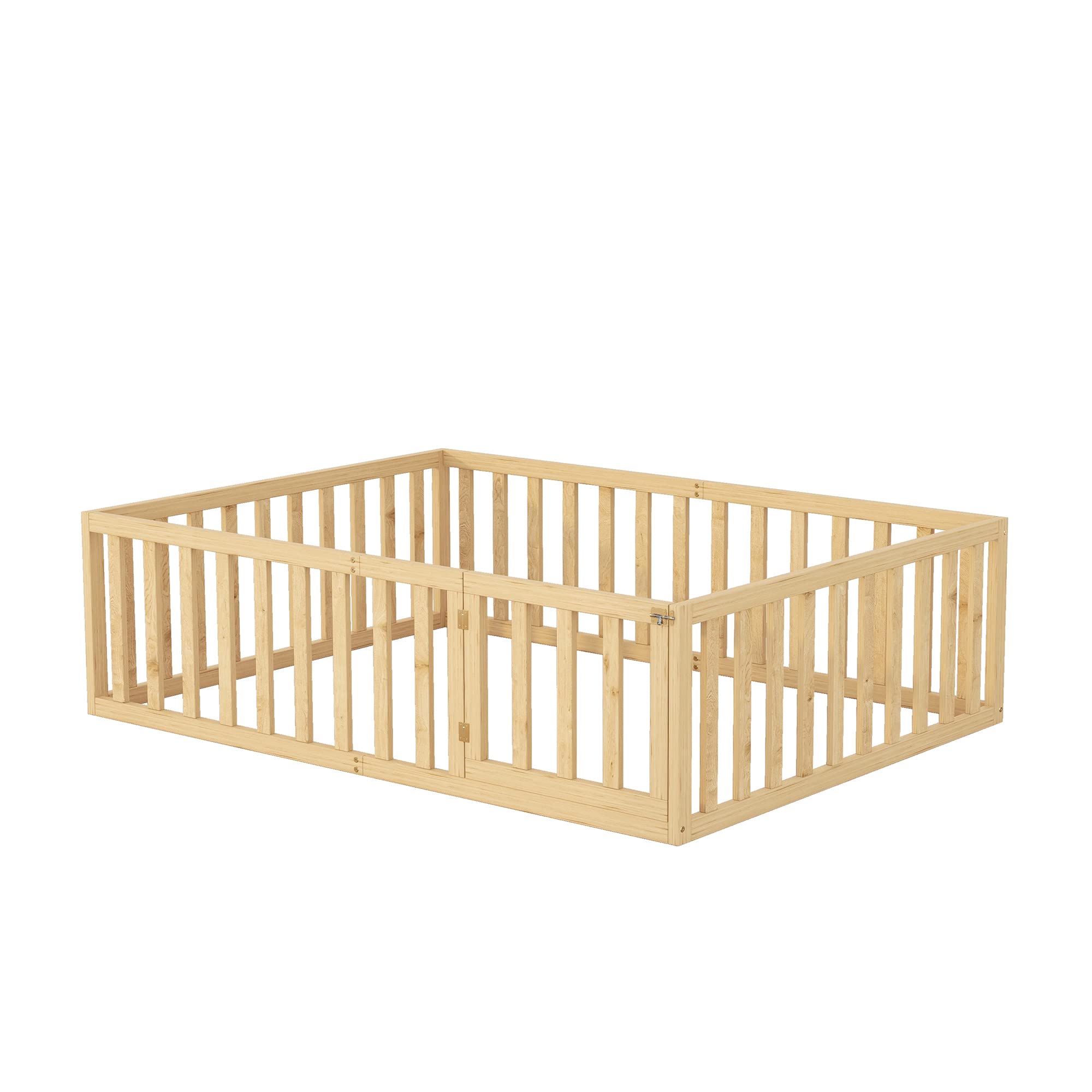 Wooden Kids Floor Bed with Fence & Door - Safe Playpen for Toddlers - Nursery & Playroom
