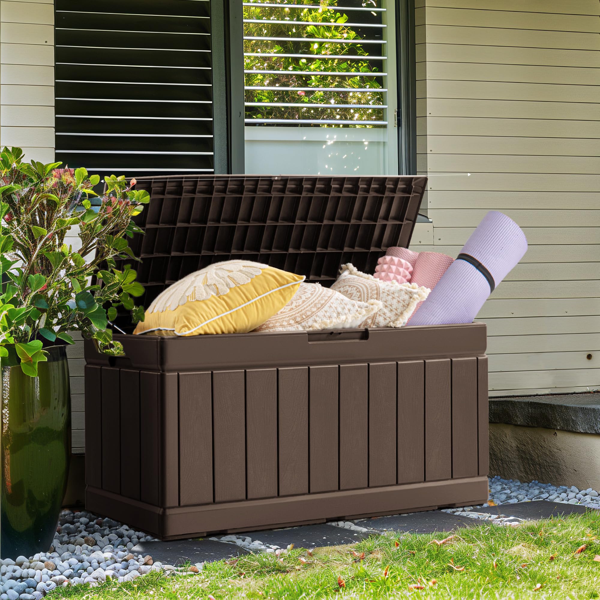 **GUNJI 85 Gallon Outdoor Deck Box – Waterproof Large Resin Storage Container with Lockable Lid – Patio, Porch, Garden Storage Bench (Brown) – Perfect for Cushions, Pool Toys & Outdoor Gear**
