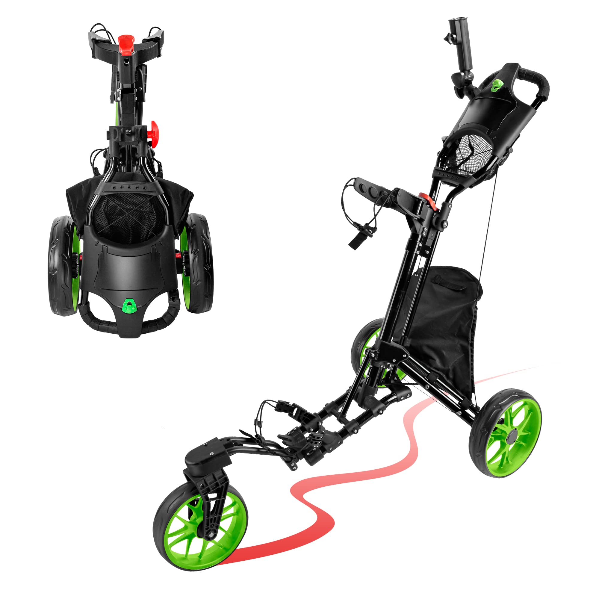 BOBOPRO 3 Wheel Golf Push Cart - 360° Rotating Front Wheel, Foldable Design with Foot Brake, Umbrella Holder & Insulation Bag for Golf Bags (Green) | Perfect for Golf Courses, Driving Ranges & Outdoor Practice