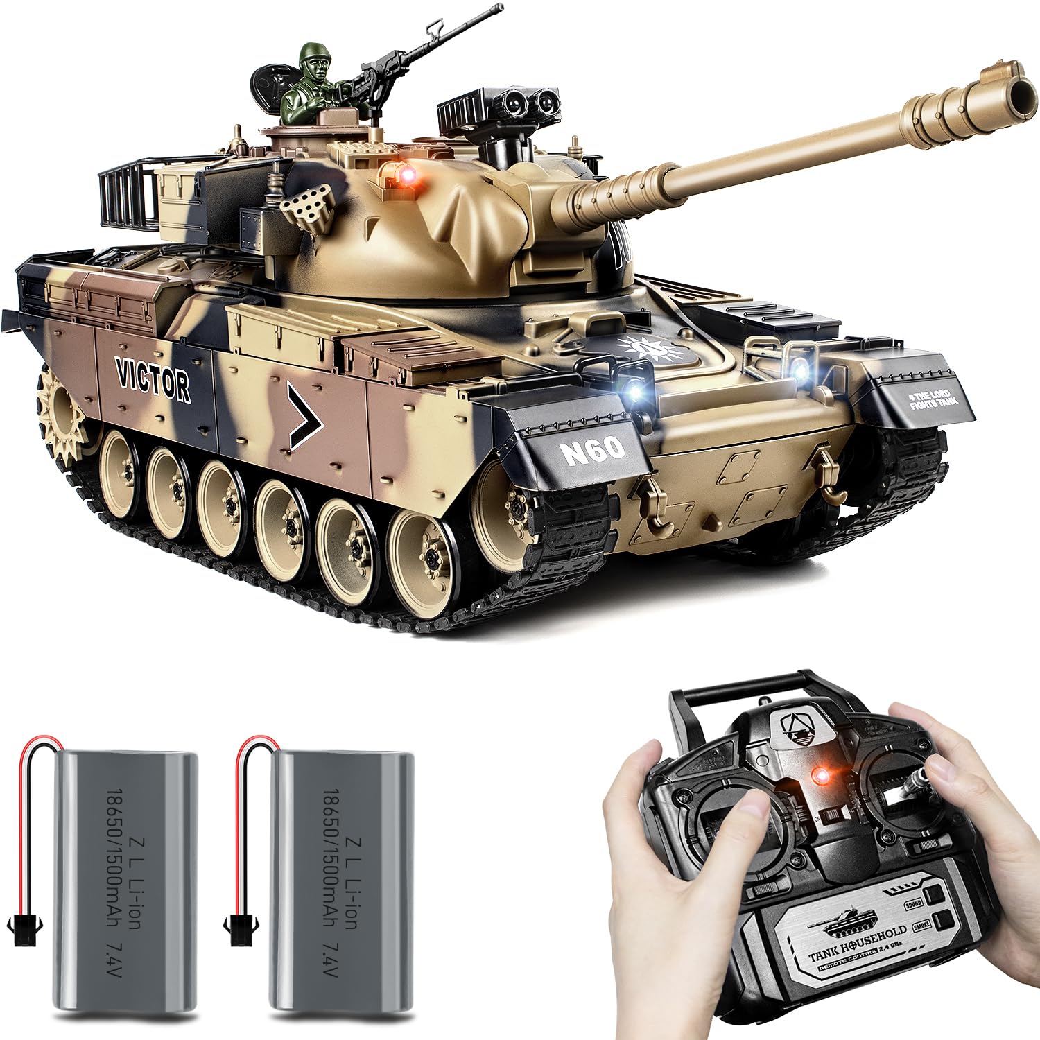 1:18 Scale US M60 RC Tank - 2.4Ghz Remote Control Military Vehicle with Recoil, Smoke, Sound & LED Lights | Shoots BBs & Water Bombs | Battle-Ready Army Toy for Adults & Kids | Perfect for Outdoor Play, Backyard Battles & Military Collection Displays