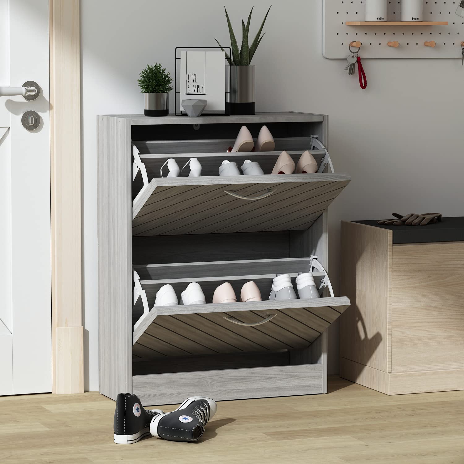 Homsee Modern Shoe Storage Cabinet with 2 Flip Drawers & Twill Louver Doors - 2-Tier Wooden Shoe Rack Organizer for Entryway, Hallway, Bedroom - Space-Saving Grey Shoe Cabinet (22.4”L x 9.4”W x 29.5”H) - Perfect for Small Apartments & Closet Organization