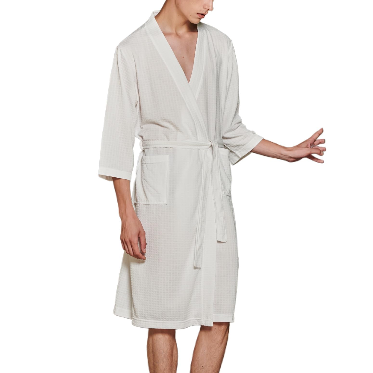 Lu's Chic Men's Waffle Kimono Bathrobe - Lightweight Short Knee-Length Robe with Pockets for Spa, Lounge & Beach Cover-Up