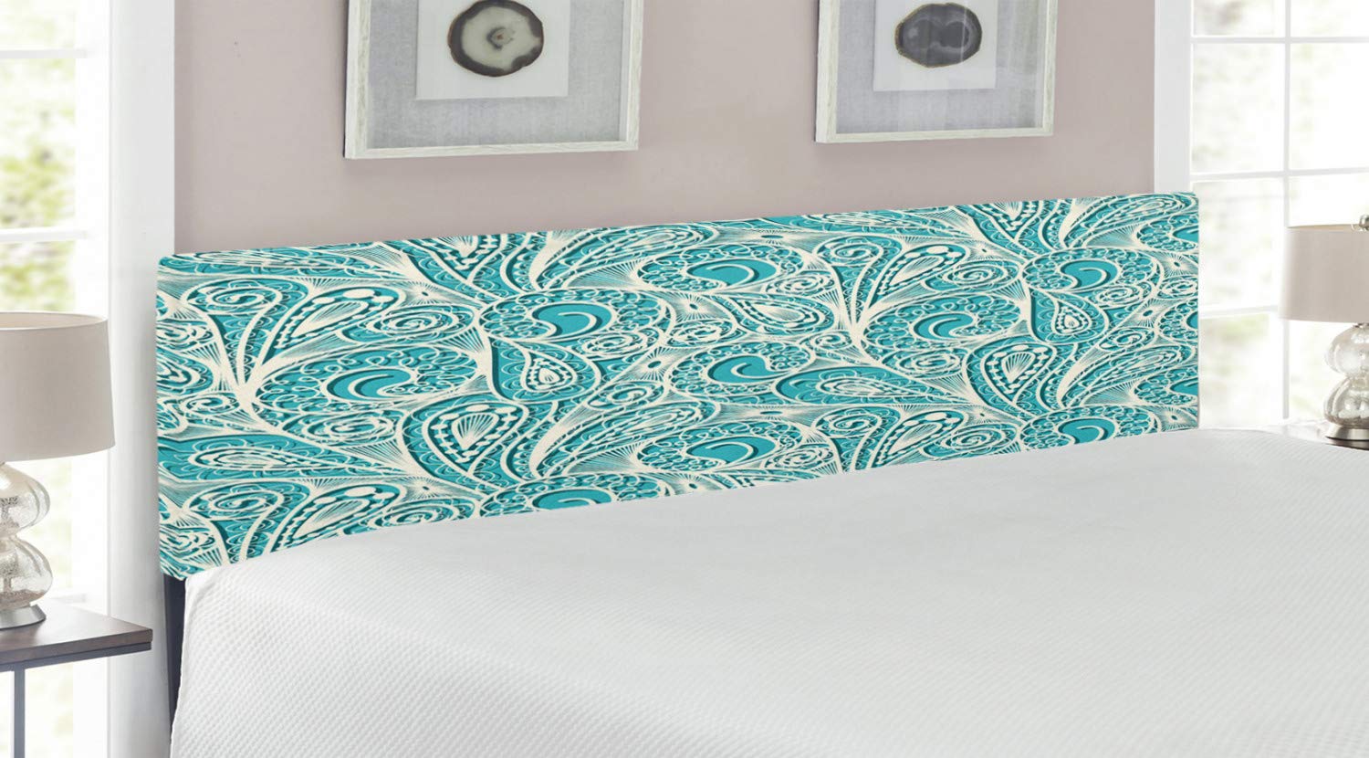 Ambesonne Teal and White King Size Headboard - Upholstered Decorative Metal Bed Frame with Memory Foam, White Lace Pattern for Feminine Romantic Bedroom Decor | Perfect for Master Bedrooms, Guest Rooms & Home Staging