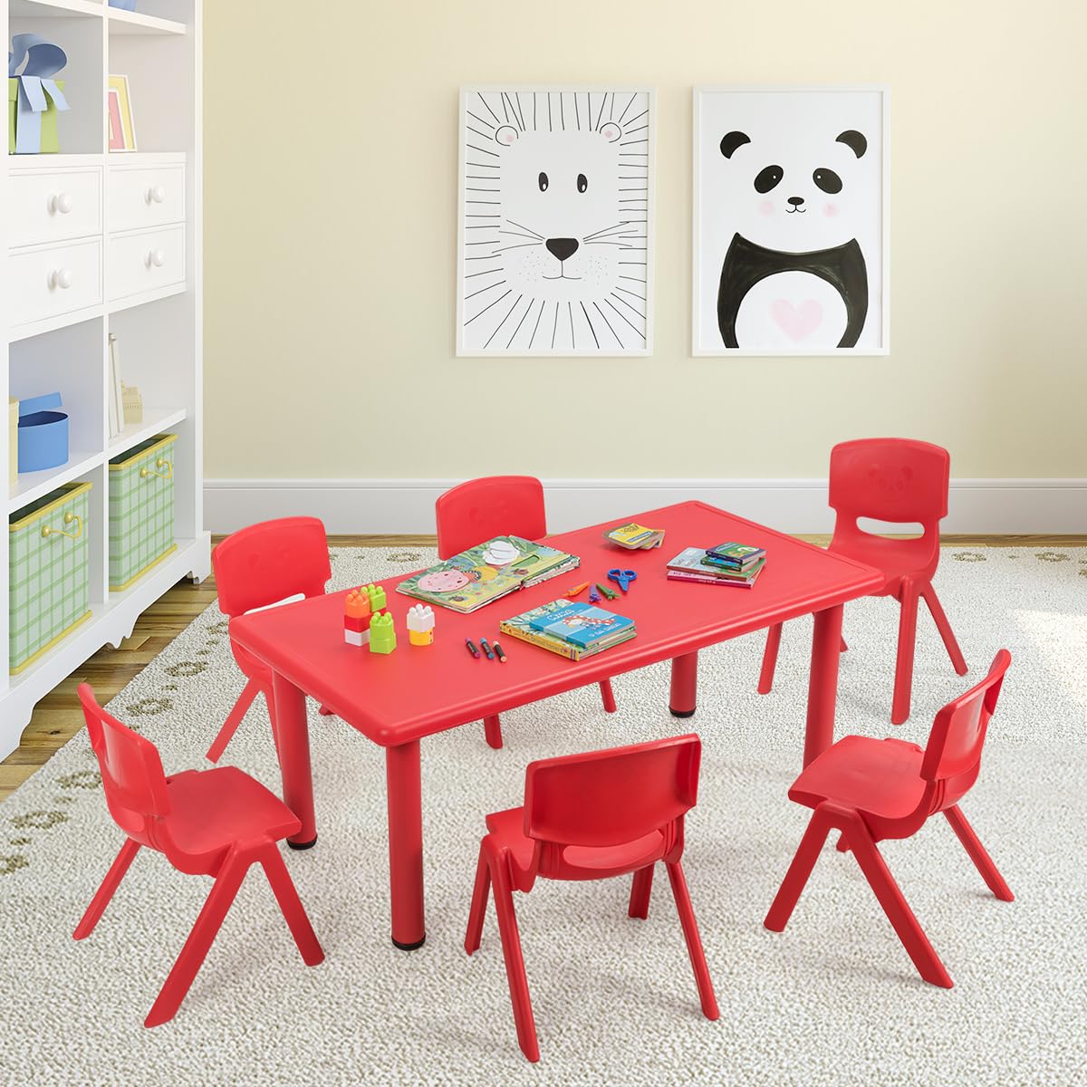 DORTALA Kids Daycare Table and Chairs Set - 6 Pcs Stackable Plastic Chairs with 48