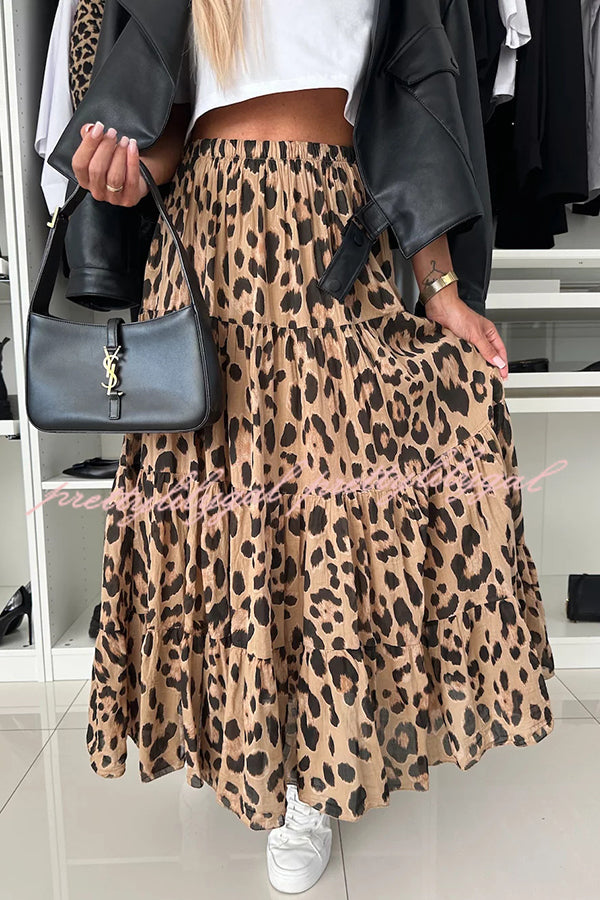 Stylish Leopard Print Maxi Skirt with Elastic Waist - Comfortable A-Line Layered Design for Women | Perfect for Casual Outings, Beach Vacations & Boho Fashion