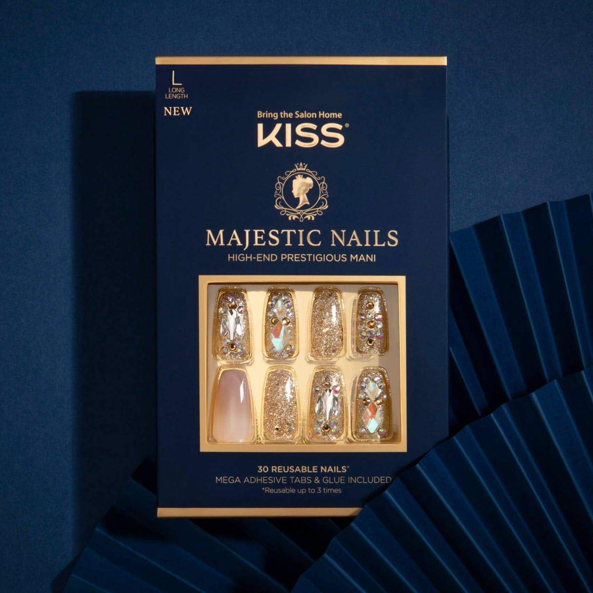 KISS Majestic Fake Nails - 'My Crown' Luxury Press-On Gel Nails Set | 30 Reusable Long Coffin Shaped Artificial Nails with Jewel Accents | Perfect for Parties, Weddings & Special Occasions
