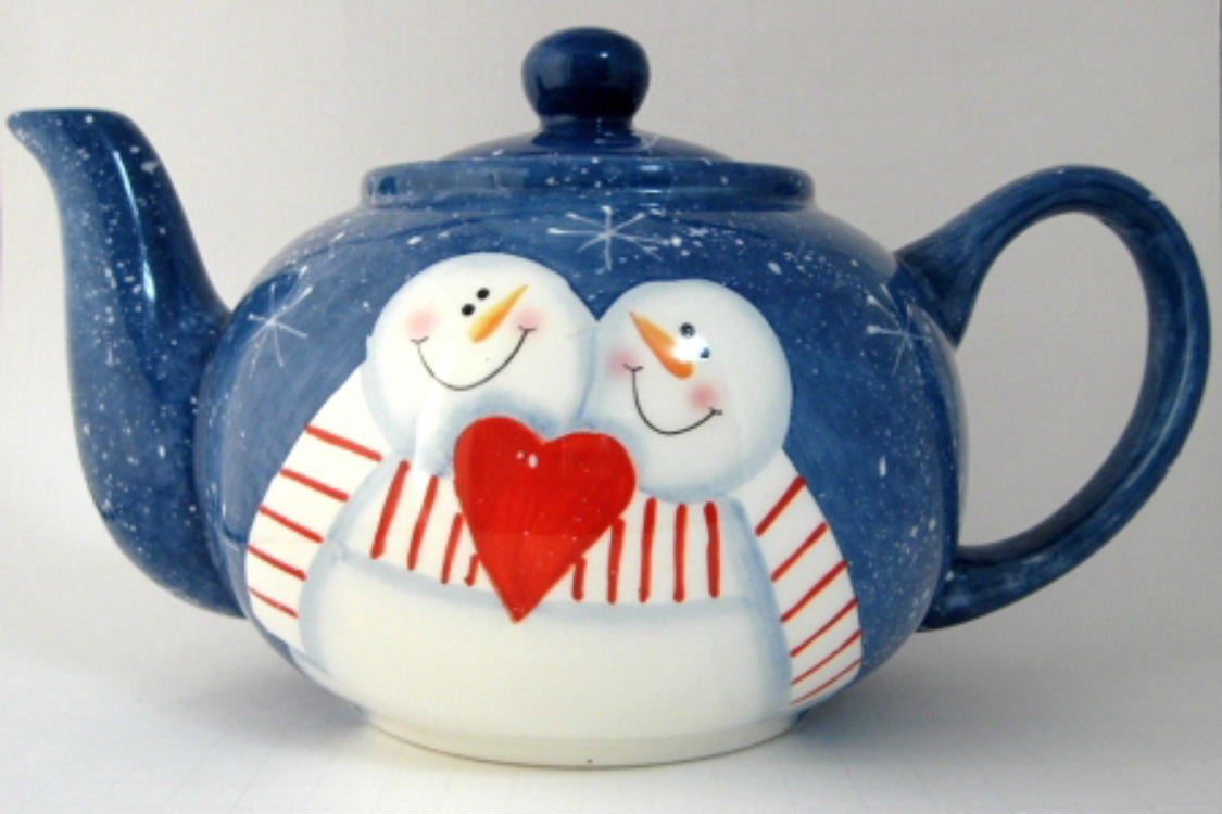 Vintage 1980s Folk Art Christmas Teapot - Snowman in Love with Snowflakes Design, Large Decorative Holiday Teapot | Perfect for Christmas Decor, Gift Giving & Cozy Winter Tea Time