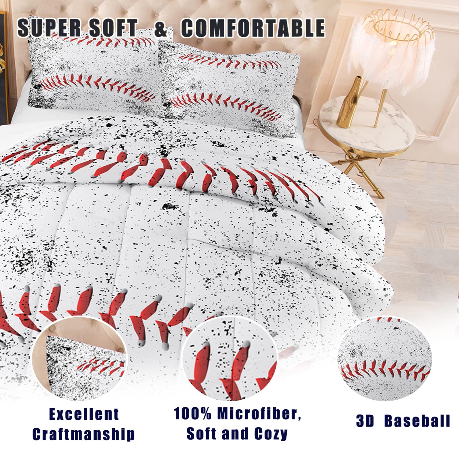 Boys Baseball Bedding Set - Queen Size Sports Comforter with 2 Pillowcases for Teens & Kids | Perfect for Bedrooms, Dorm Rooms & Sleepovers
