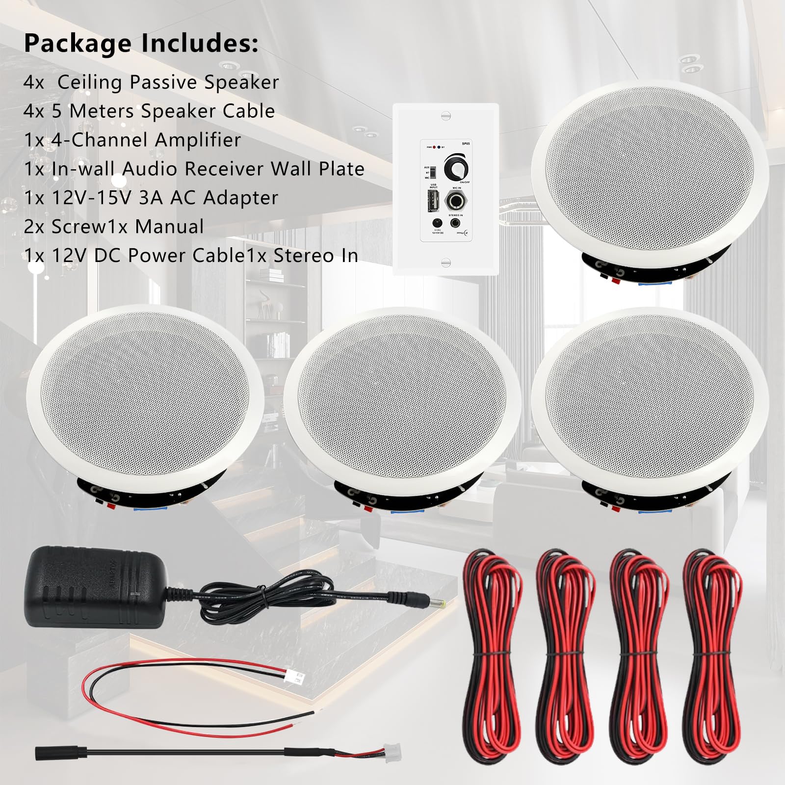 6.5'' Bluetooth In-Ceiling Speakers with Wall Amplifier Receiver - 600W Flush Mount Ceiling & In-Wall Speaker System for Home Theater, Office, Bathroom, Living Room & Kitchen (2 Pairs) - Perfect for Whole-House Audio, Background Music & Immersive Entertainment