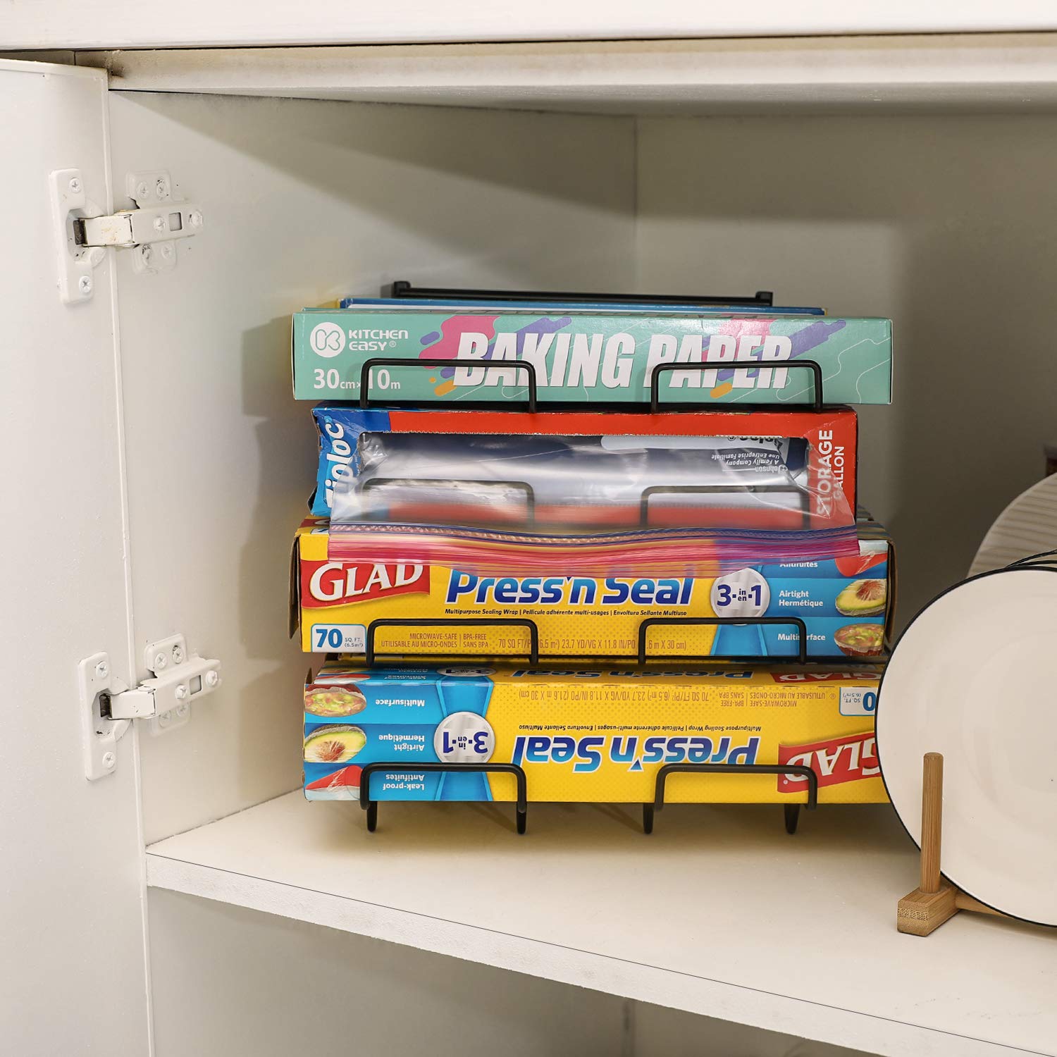 Upgraded X-cosrack Adjustable Wrap Organizer Rack - 8 Wire Holders, Multifunctional Kitchen Storage for Plastic Wrap, Foil & Parchment Paper - Space Saving Cabinet & Pantry Organizer - Black Small (Patent Pending) - Perfect for Kitchen Countertops, Drawers & Closet Organization