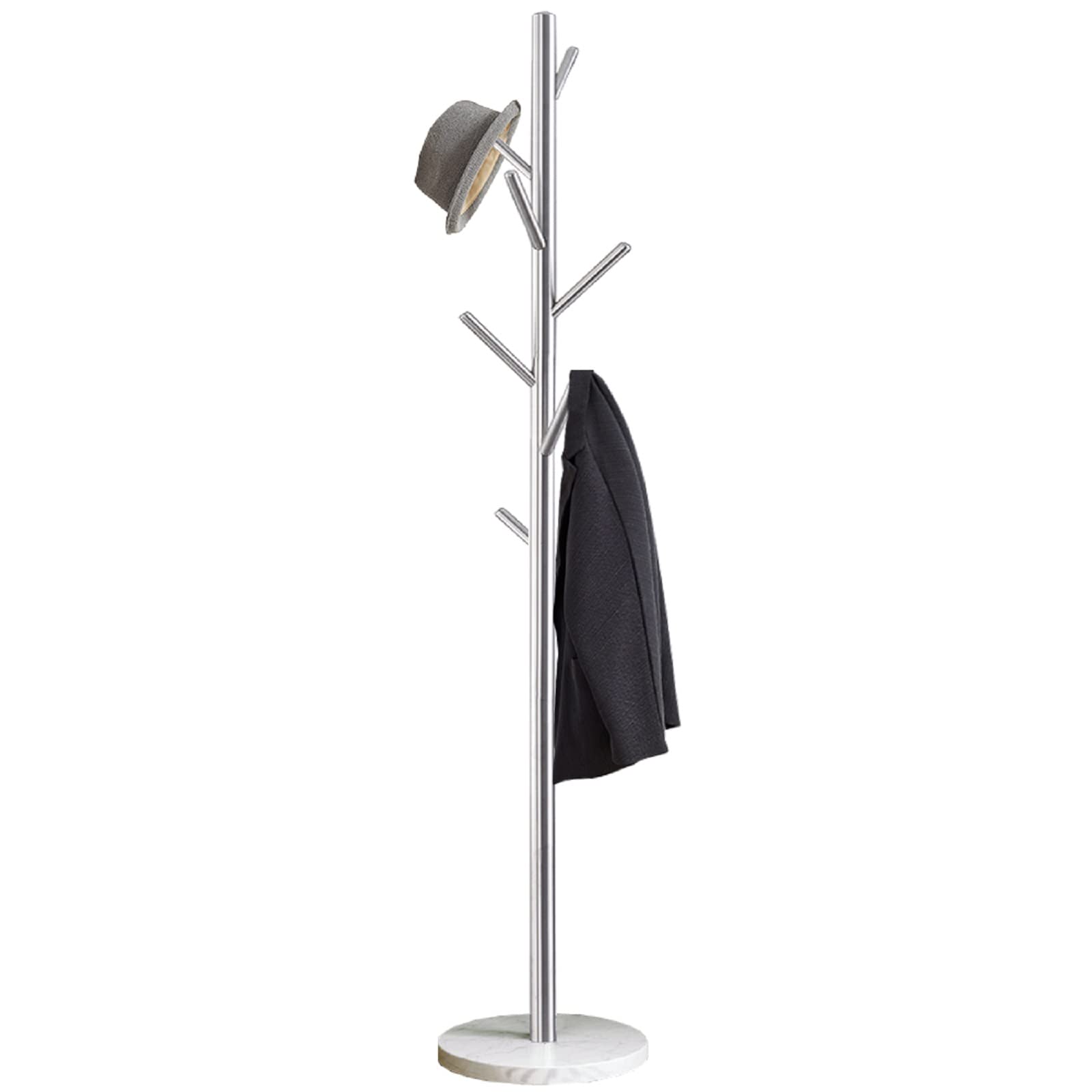 Jolitac Premium Metal Coat Rack Stand - Satin Steel Finish with Marble Base, Sturdy Free-Standing Hat & Coat Hanger with Multiple Hooks for Bedroom, Entryway, or Closet - Easy Assembly & Space-Saving Design (Satin Steel)