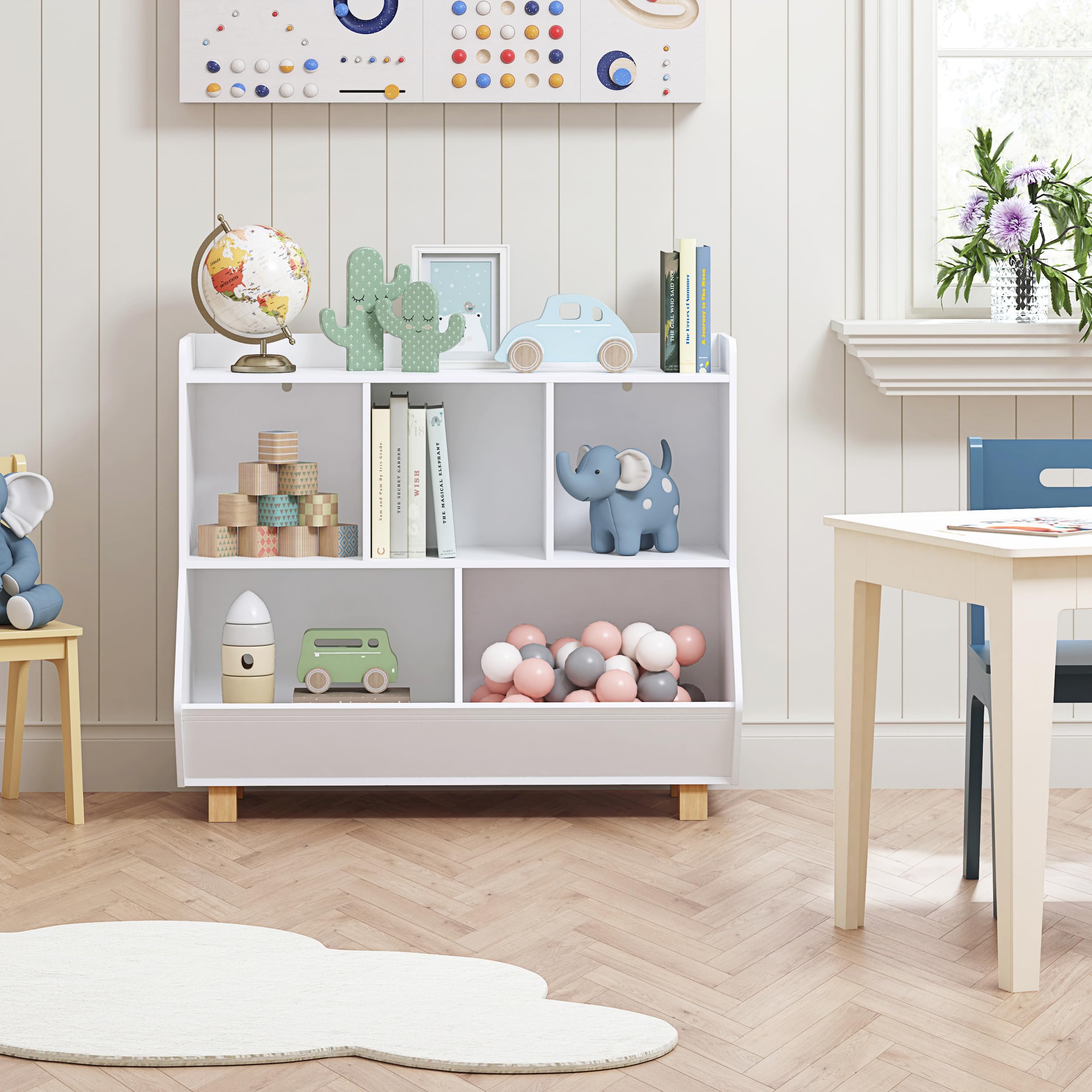 UTEX 5-Cube Kids Toy Storage Organizer & Bookshelf with Legs - White Multifunctional Nursery Organizer for Toys, Books in Bedroom, Living Room, Playroom