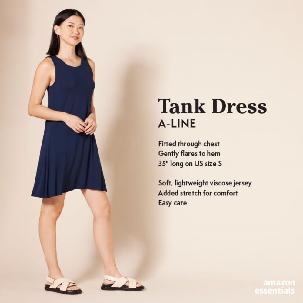 Amazon Essentials Women's Tank Swing Dress - Flowy Casual Summer Dress with V-Neck & Spaghetti Straps (Plus Size Available) - Perfect for Beach, Vacation & Everyday Wear