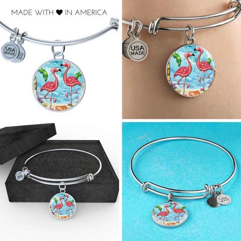 Flamingo Beach Bangle Bracelet - Tropical Summer Jewelry for Women, Adjustable Cuff Bracelet with Flamingo Charm - Perfect for Vacation, Pool Party & Beach Accessories
