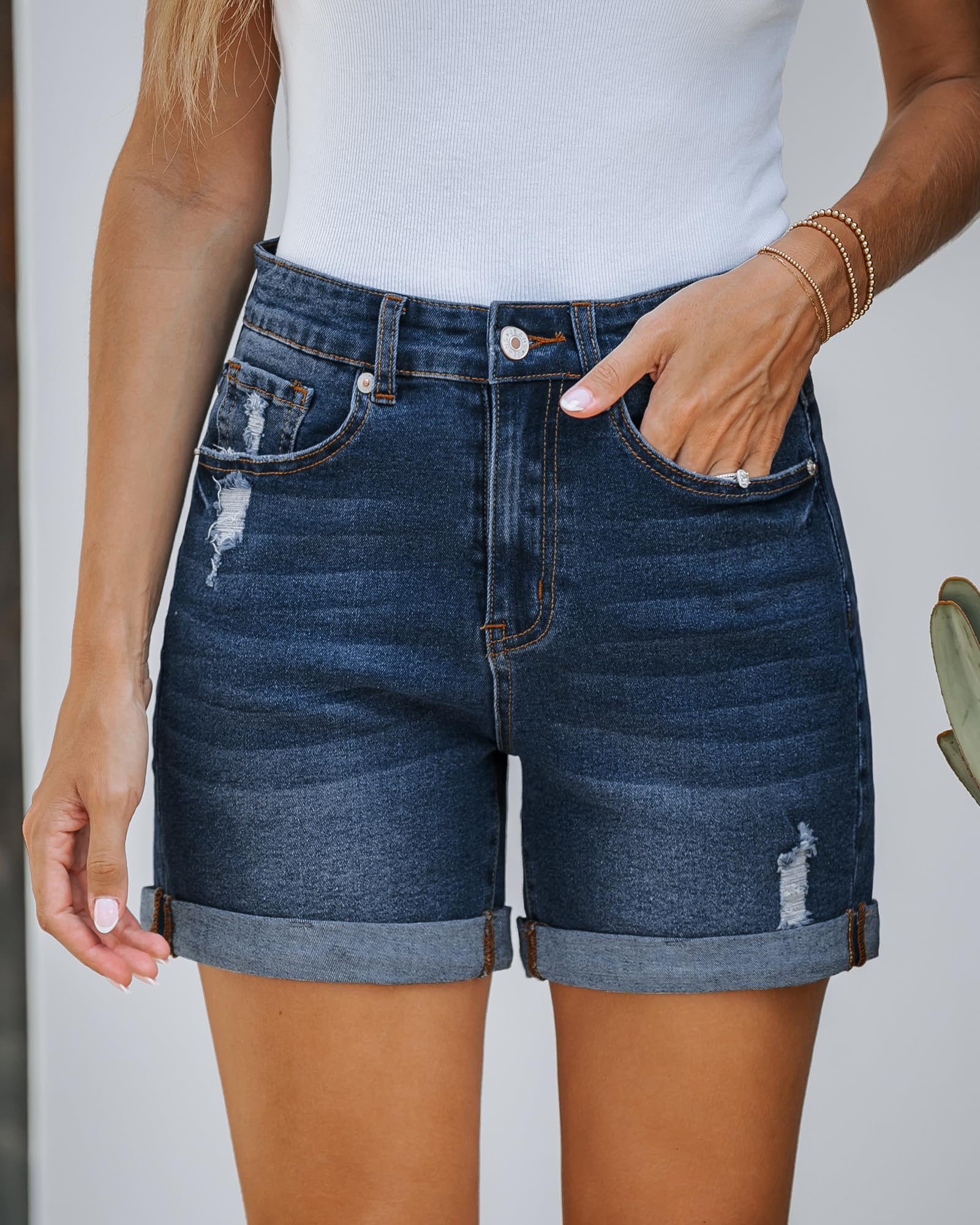 LookbookStore Women's Stretchy High Waisted Ripped Denim Shorts with Pockets - Trendy Distressed Cut Off Jean Shorts for Summer Outfits & Casual Wear