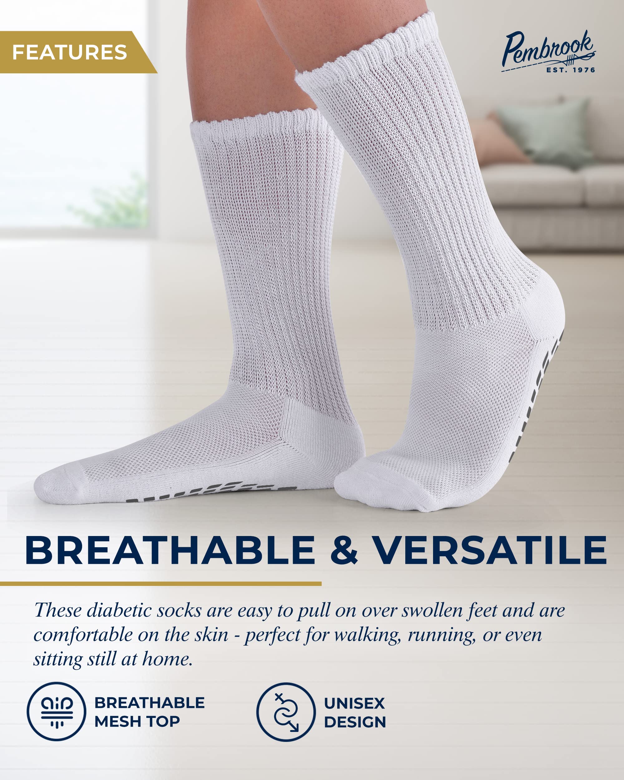 Pembrook 6 Pairs Diabetic Socks with Non-Slip Grippers for Men & Women - Breathable Neuropathy Socks for Circulation, Edema Relief & Swollen Feet (12 Colors) - Ideal for Daily Wear, Travel & Diabetic Foot Care