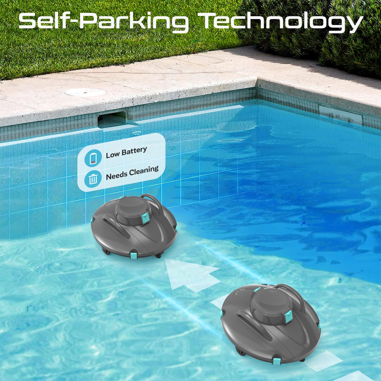 Cordless Automatic Pool Vacuum Robot Cleaner for Above Ground Pools - 5400mAh Battery Lasts 110 Minutes, Self-Parking, 6-8m/min Cleaning Speed | Perfect for Weekly Pool Maintenance & Quick Cleanups