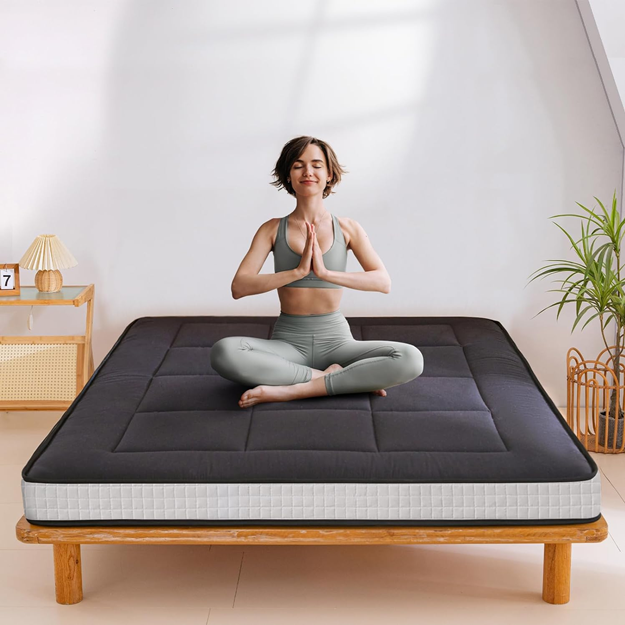 MAXYOYO Padded Japanese Floor Mattress - Black Foldable Roll Up Futon for Bedroom, Guest Room & Travel | Comfortable Floor Sleeping Mat for Adults & Kids