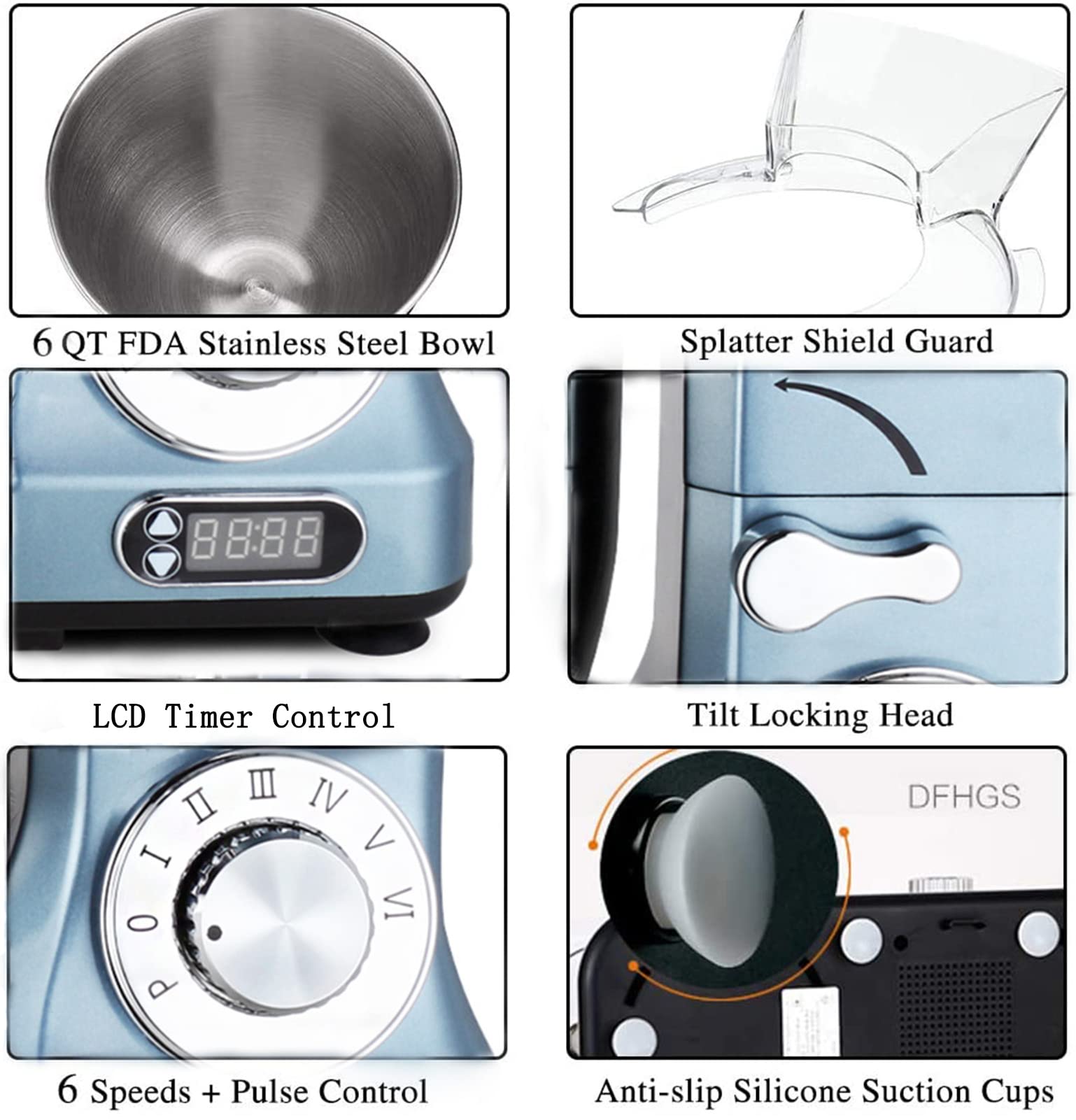 Professional 6-Qt Stand Mixer with Timer - 500W 6-Speed Tilt-Head Electric Kitchen Mixer (Silver Blue) - Perfect for Baking Cakes, Cookies, Bread & Dough Kneading