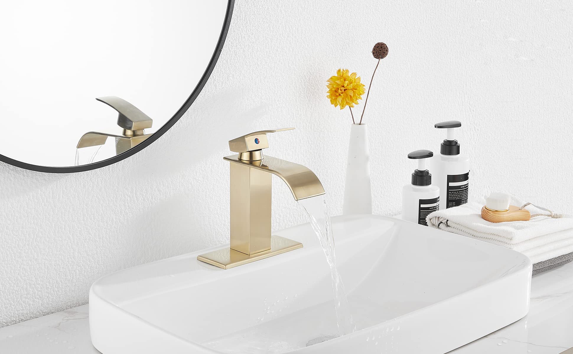 Brushed Gold Bathroom Faucet - GGStudy Single Handle Waterfall Bathroom Sink Faucet, Deck Mount One Hole Vanity Faucet with Pop Up Drain - Perfect for Modern Bathroom & Powder Room Renovation