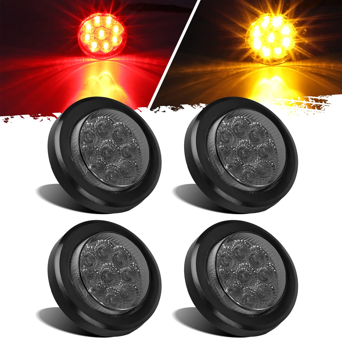 Partsam 4Pcs 2 Inch Round 9LED Truck Trailer Side Marker Lights - Smoked Lens, Flush Mount, Waterproof, 12V (2 Amber + 2 Red) with Grommets & Pigtails - Perfect for Semi Trucks, Trailers, RVs & Heavy-Duty Vehicles