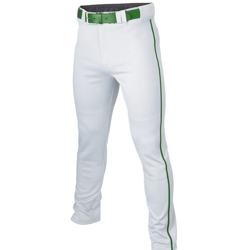 Easton Rival+ Adult Baseball Softball Piped Pants - White with Dark Green Piping | Comfortable & Durable Athletic Pants for Men & Women | Perfect for Baseball, Softball, Training & Casual Wear