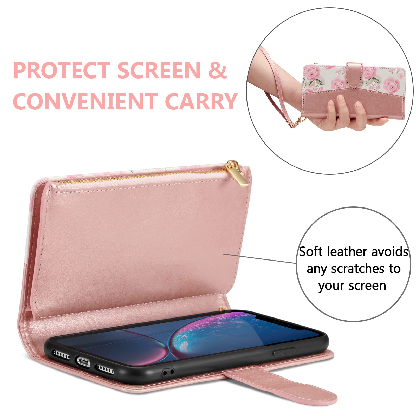 Premium PU Leather Wallet Case for iPhone XR with Magnetic Closure - 3 Card Slots, Zipper Pocket & Hand Strap - Elegant Rose Gold Roses Design | Perfect for Daily Use, Travel & Business (iPhone XR Wallet Phone Case)