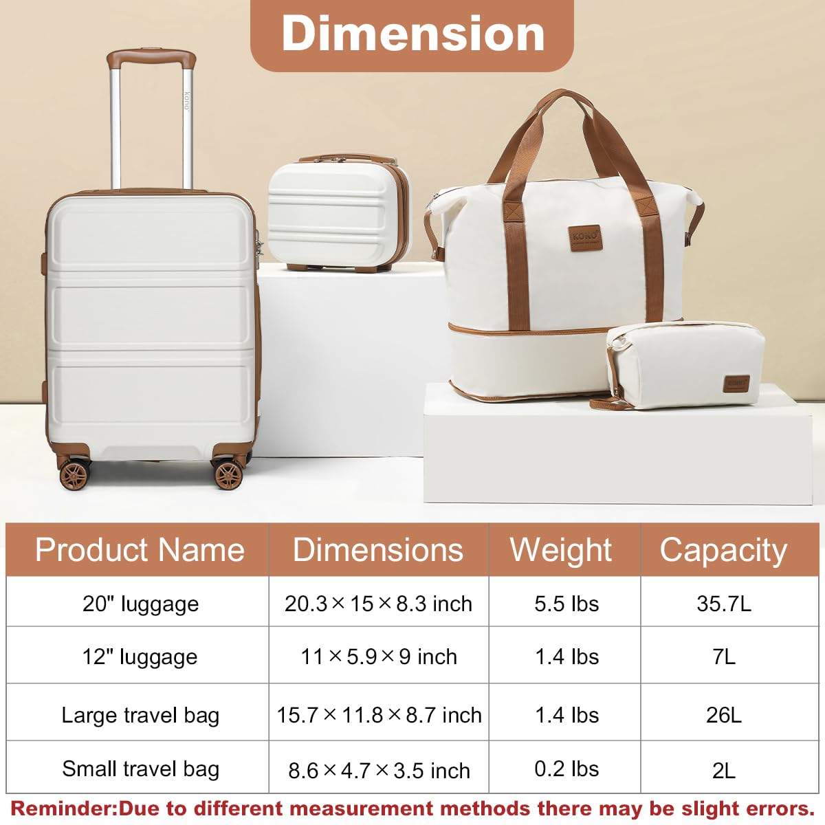 Kono 4-Piece Hardside Luggage Set with TSA Lock & Spinner Wheels - Apricot Grey Carry-On Suitcase for Travel, Business Trips & Weekend Getaways