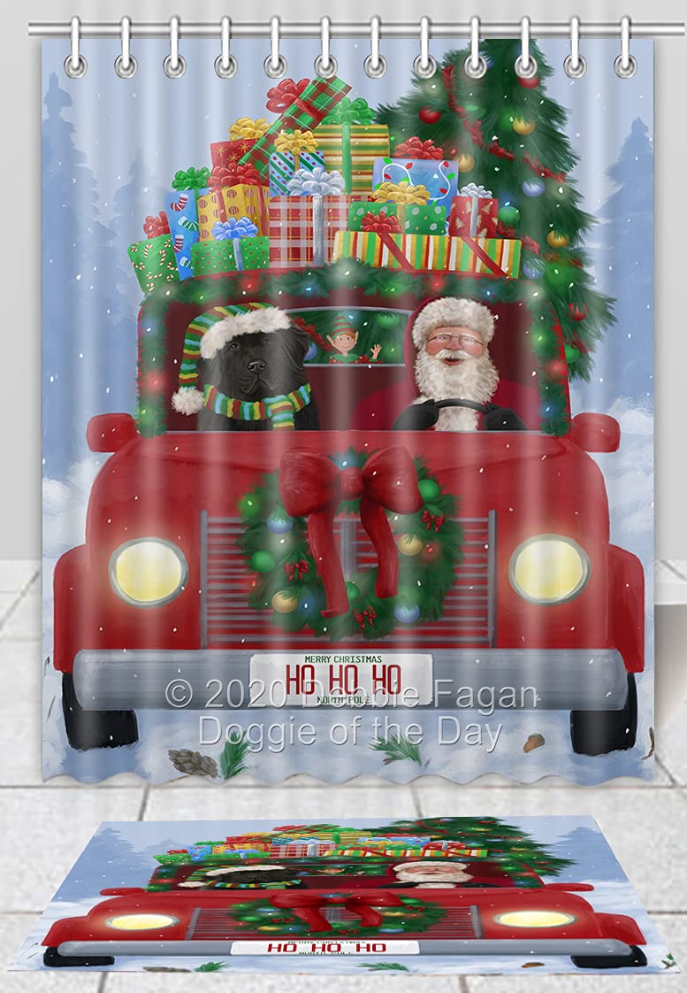 Christmas Red Truck with Santa and Newfoundland Dog Shower Curtain & Bath Mat Set - Anti-Slip Bathroom Rug & 60x72 Inch Bathtub Curtain with Hooks (16x28