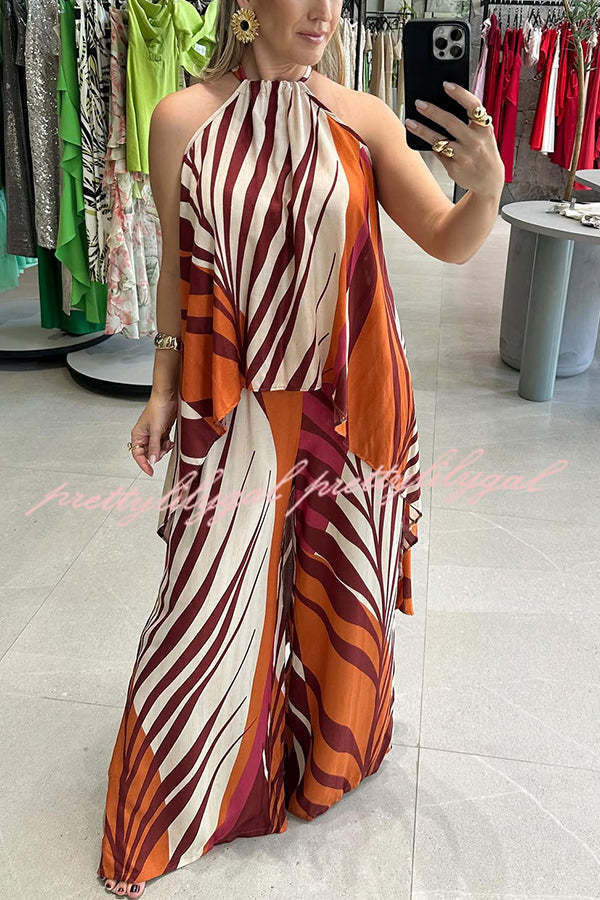 Edina Unique Print High-Low Halter Loose Top & Elastic Waist Pocketed Wide Leg Pants Set | Women's Fashion Outfit for Casual Wear, Beach Vacation, and Summer Parties