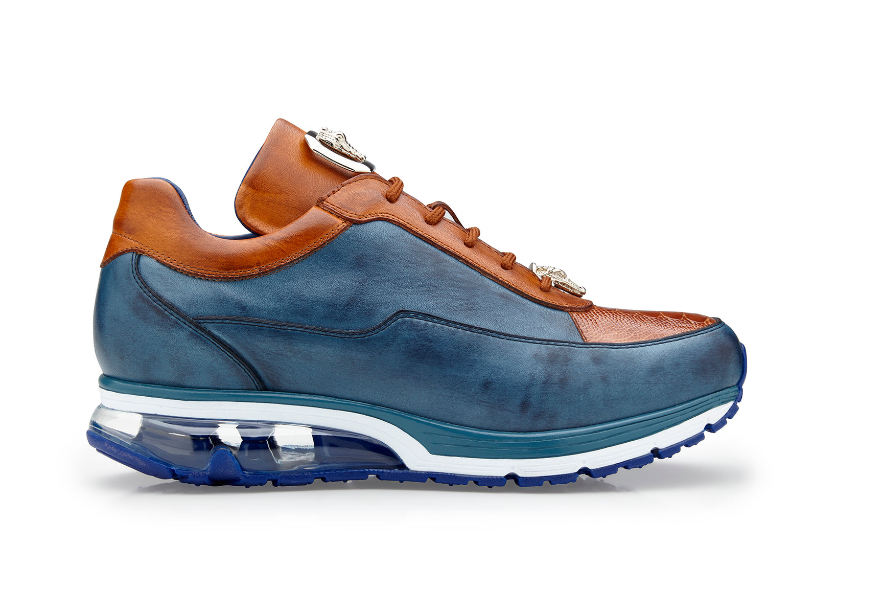 Belvedere Genuine Ostrich & Italian Calf Leather Sneakers - Antique Blue Safari/Antique Almond (E01) - Stylish Comfort for Casual Outings & Travel