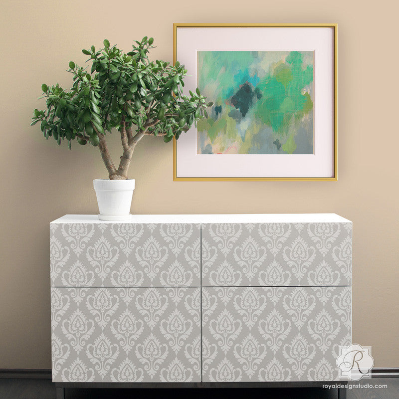 Anika Ikat Damask Furniture Stencil - DIY Home Decor, Wood Painting Template for Tables, Chairs, Cabinets - Perfect for Upcycling Projects & Custom Furniture Design