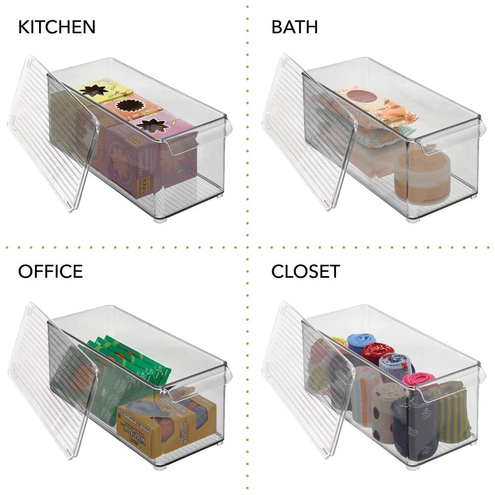 mDesign Plastic Stackable Kitchen Pantry Cabinet Organizer - Clear/Smoke Gray Food Storage Bins with Handle & Lid - 2 Pack for Refrigerator, Freezer - Perfect for Fruits, Yogurt, Snacks, Pasta - Ideal for Pantry Organization & Meal Prep