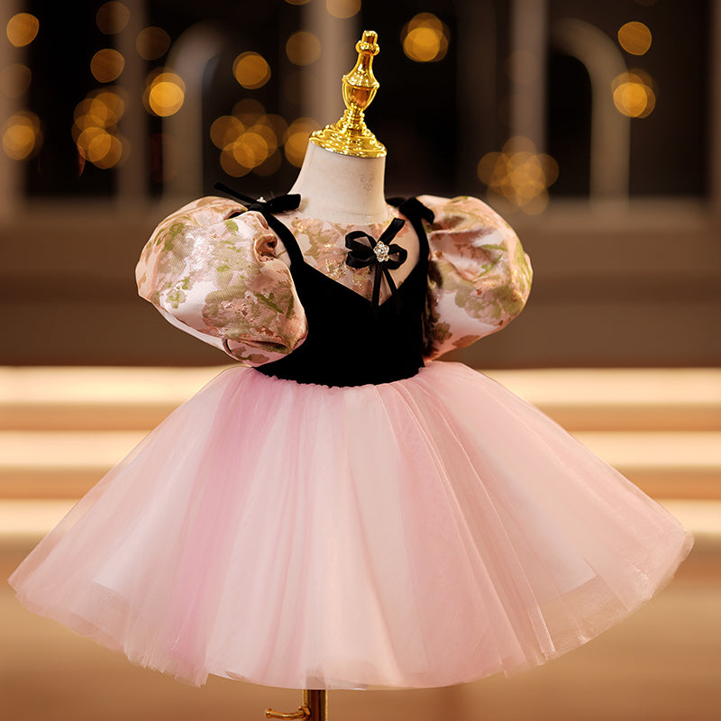 Pink Princess Satin & Tulle Flower Girl Dress with Puff Sleeves - Elegant Toddler Formal Wear for Weddings, Baptisms & Special Occasions