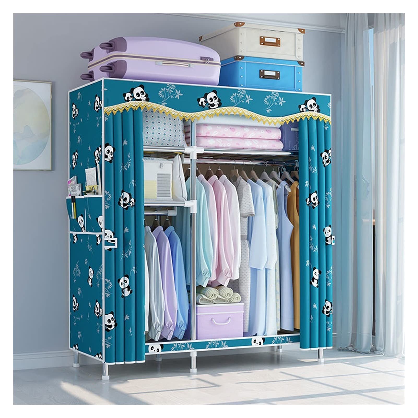 Portable Wardrobe Closet with Hanging Rod & 2 Side Pockets - Durable Fabric Storage Organizer for Clothes, Bedroom & Office Use | Standing Shelves for Wardrobe Organization