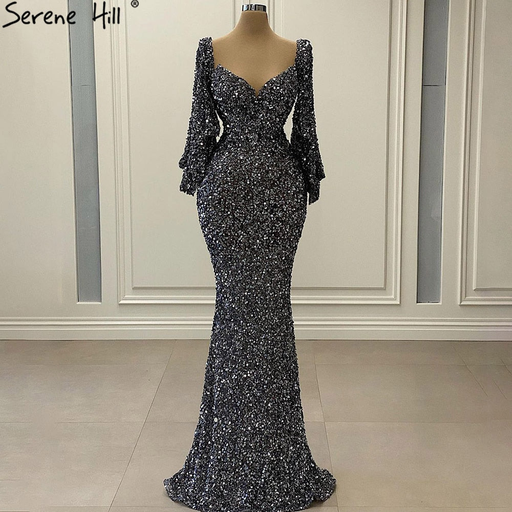 Elegant Grey Silver Luxury Evening Gowns for Women 2025 - Sexy Flared Sleeves Formal Dress for Parties, Galas & Special Occasions - Serene Hill Collection LA71178