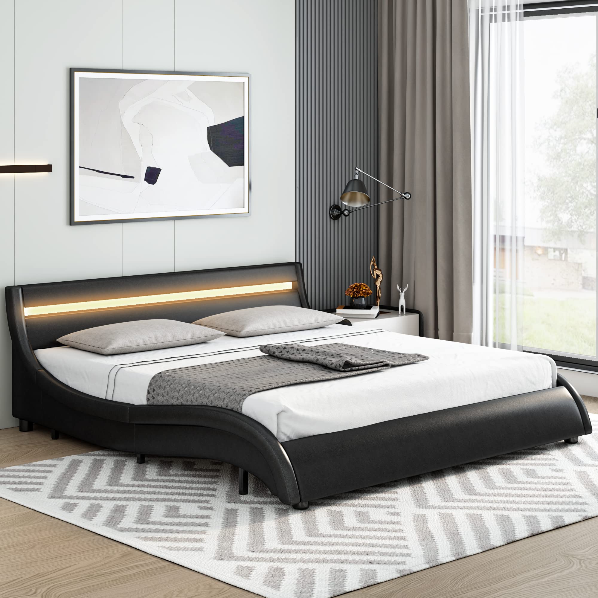 Modern Upholstered LED Headboard Platform Bed Frame - Faux Leather Wave Design with Wood Slat Support - Easy Assembly Full Size Black Bed - Perfect for Contemporary Bedrooms & Guest Rooms